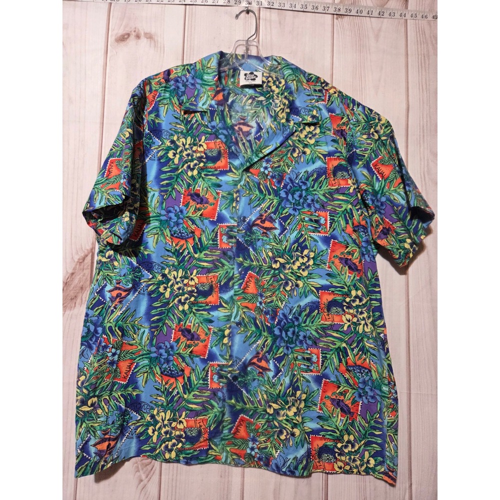 Hilo Hattie Mens‎ 2XL Hawaiian Aloha Shirt Tropical Stamp Print Blue Vintage